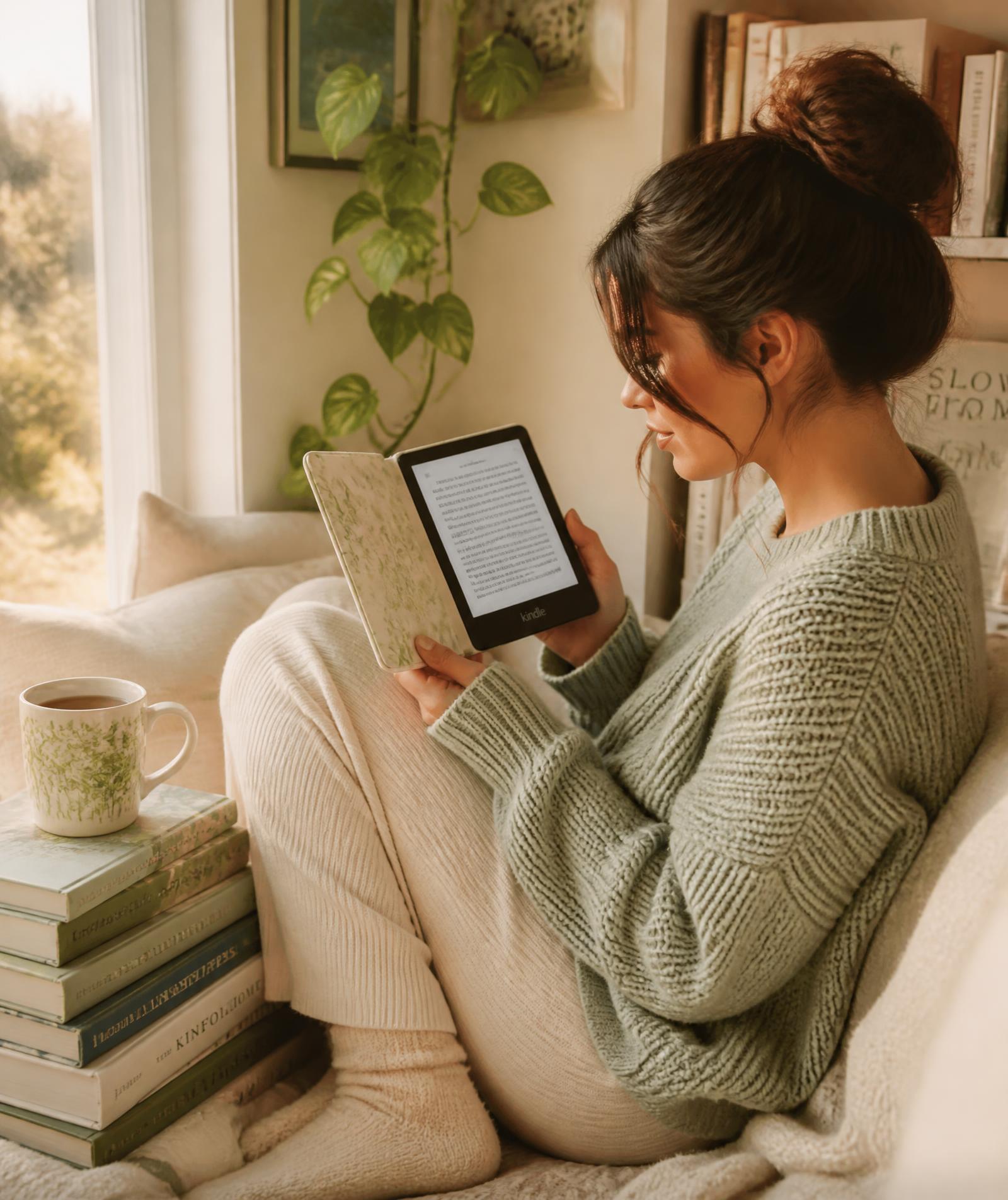 A reader curled up in a window seat with a Kindle Paperwhite in a floral folio cover